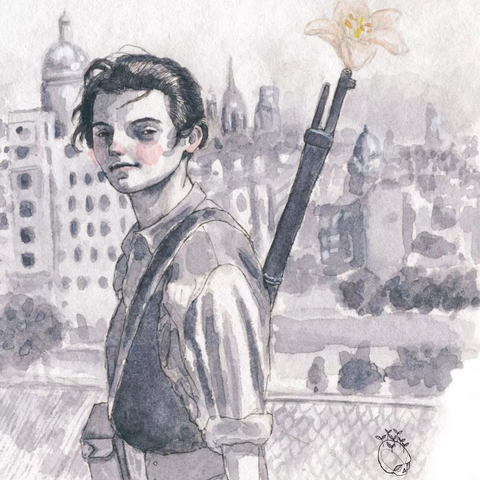 Illustration à l'aquarelle librement inspirée d'une photographie de Marina Ginestà par Hans Gutmann (Juan Guzman) prise à Barcelone le 21 juin 1936. Une jeune femme portant une chemise et une carabine en bandoulière surplombe les toits de la ville. Au bout de son fusil une fleur a été ajoutée.