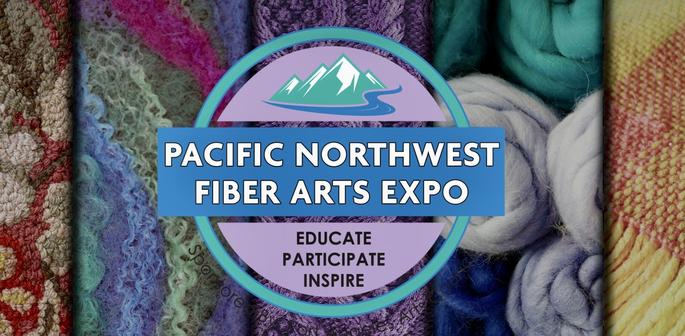 PNW Fiber Arts Expo lavender green blue logo featuring mounts graphic over image of colorful knits