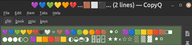 Clipboard manager CopyQ 6.0.1 under Linux Mint, showing two lines of color emojis, in color, in both title bar and clip list.