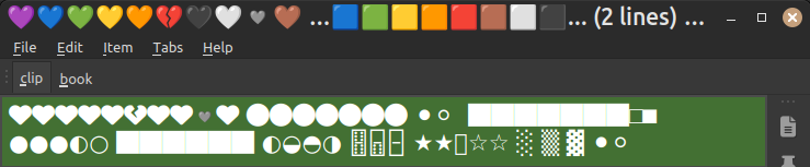 Clipboard manager CopyQ 6.4.0 under LMDE, showing two lines of color emojis, correctly in title bar, but without color in clip area.