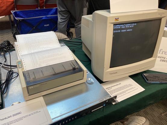 A server with an HP ThinkJet printer on top and a Viewsonic VGA monitor