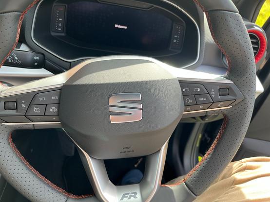 Steering wheel of a 2023 model Seat Ibiza.
