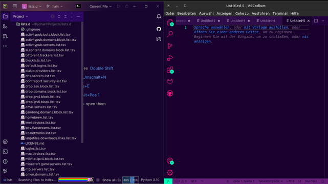 PyCharm Community Edition with Purpl Theme and VSCodium with Wildberries Theme shown side by side.

Both are dark themes with a dark blue-purple as main colour.

On PyCharm the Nyancat Progress Bar shows it's indexing the lists.d repo.