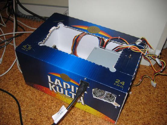 Lapin Kulta beer 24 cardboard case modded for a Ultra 10 motherboard and ATX PSU
