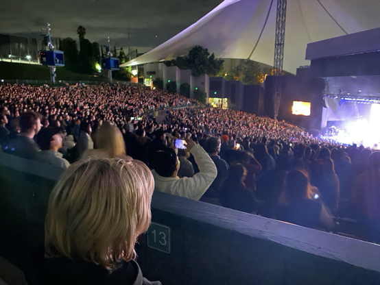 Large crowd of people at shoreline a pe theatre watching band on bright stage. Closest to camera is back of ten year old kids head.