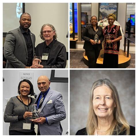 Last night, NABG recognized those who support our mission of developing and mentoring the next generation of geoscientists. We presented the NABG Ambassador Award to both Dr. Steve Boss (top L) and Jo Ann Kvamme (bottom R); the NABG Catalyst Award to Dr. Hendratta Ali (top R); and the NABG Empowering Excellence Award to Dr. Aditya Kar (bottom L). 
Thank you all for your time, experience, knowledge and service.