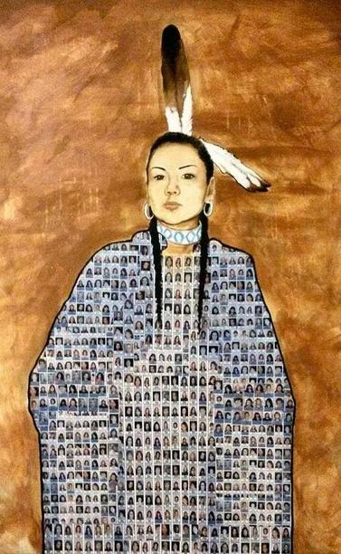 Artwork of Indigenous woman wearing a dress made of hundreds of photographs of missing and murdered Indigenous women and girls in Canada