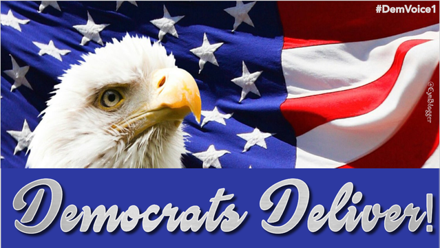 Meme: Wavy American flag stretching across the whole frame with a large bald eagle in the left corner. Text reads, DEMOCRATS DELIVER.