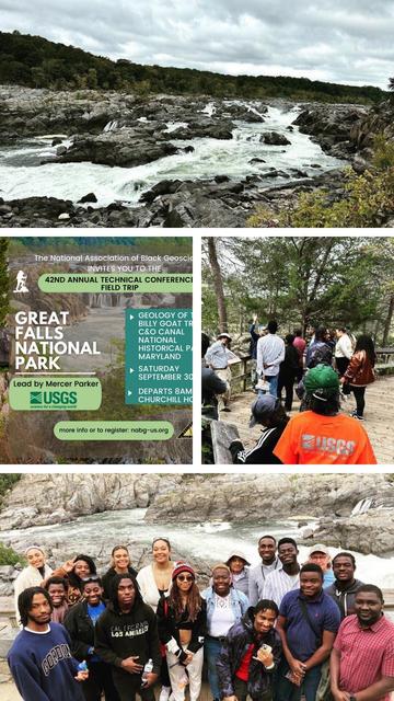 Last day of the #NABG42 Annual Technical Conference, Mercer Parker, Geologist with the #USGS led a group of students on a geological tour of Great Falls National Park. Picture of Great Falls, Mercer Parker conducting a tour, and group photo.