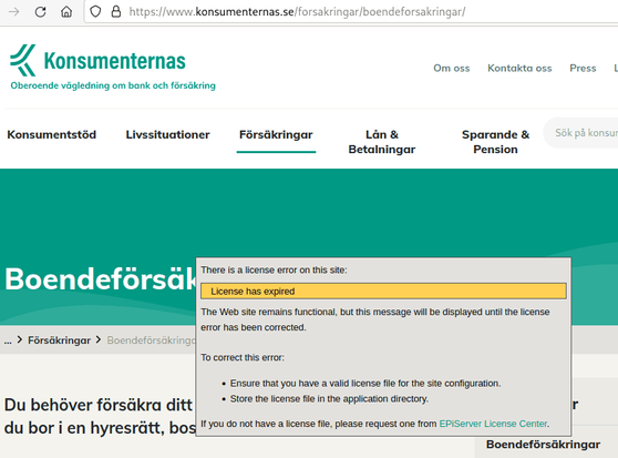 Screenshot of the webpage konsumenternas.se which shows a message from EPiServer about an expired license.