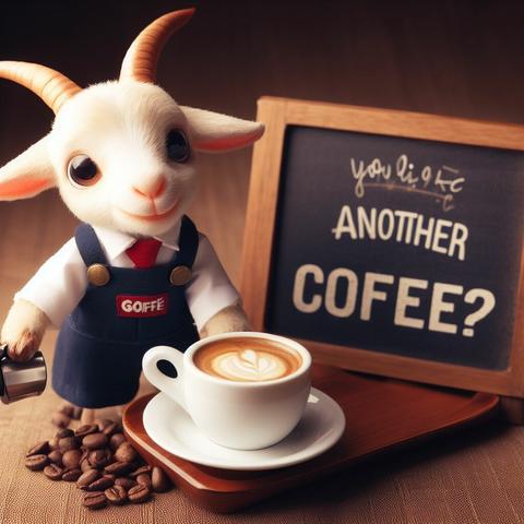 Pretty Waitress goat, in uniform, serving coffee with the words "Would you like another coffee?" , high quality, 35mm lens(Create by Bing Image Creator)