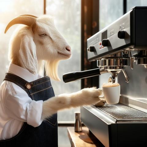 A goat in a café uniform is pouring coffee into a cup using an espresso machine, the coffee in the cup has fine foam, inside the shop in the morning sun, cinematic images(Create by Bing Image Creator)