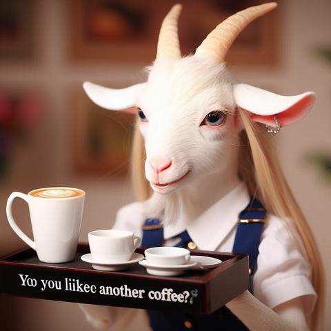 Pretty Waitress goat, in uniform, serving coffee with the words "Would you like another coffee?" , high quality, 35mm lens(Create by Bing Image Creator)