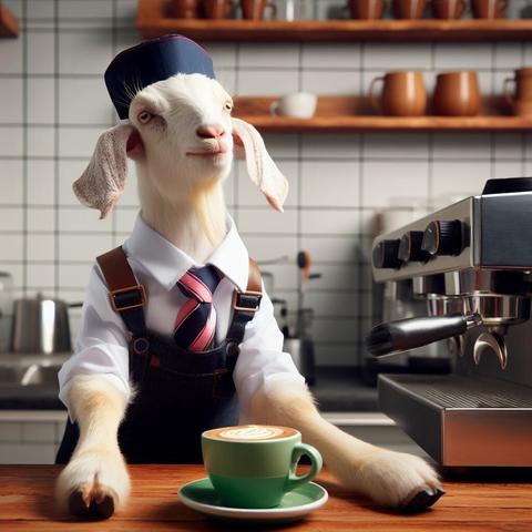 カフェでバリスタをする制服姿のヤギ(Create by Bing Image Creator)