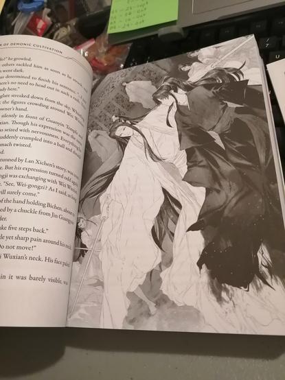 Volume 5 of Grandmaster of demonic cultivation. It's open and the page shows an illustration of Lan Wangji and Wei Wuxian. Lan Wangji is holding his sword in one hand and the sheath of it in the other hand, in a defensive position. Wei Wuxian is looking at him. There are other people approaching them.
