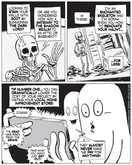 A skeleton on BooTube give haunt improvement tips.