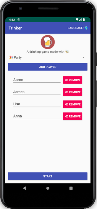 A drinking game with a gamemode selection saying "party" and a button underneath that says "add player". A few players are listed and there is a start button at the bottom.