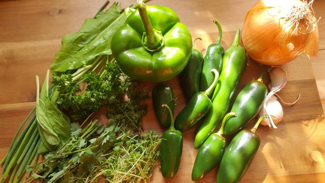 Holzschneidebrett mit folgenden Zutaten: Auf 12 Uhr liegt eine grüne Paprika. Im Uhrzeigersinn dann weiter eine Gemüsezwiebel, Knoblauch, diverse Kräuter. In der Mitte grüne Jalapenos und Peperoni