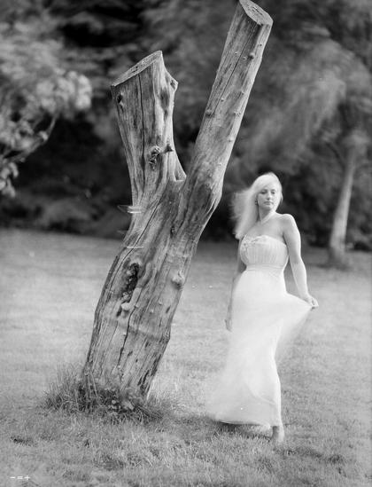 Girl portrayed in a garden next to a dead tree.