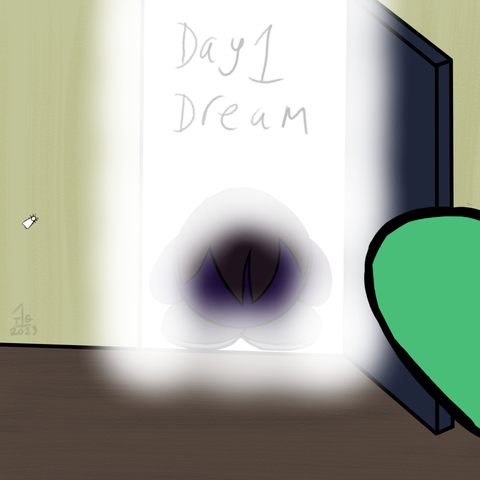 a purple puffball walking into a white void, a green nub from another puffball is reaching towards the first puff.
Text reads: Day 1, Dream
