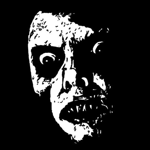 Pen drawing of a demonic face with sharp teeth emerging from the shadows.