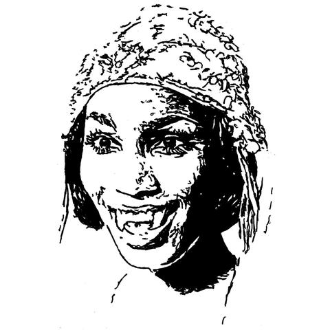Pen drawing of Teresa Graves as a vampire with her teeth bared.