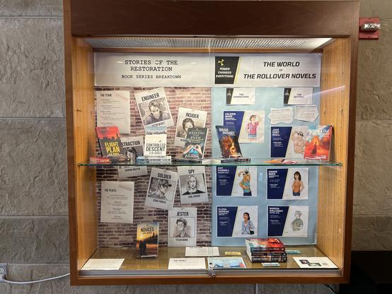 Glass-front shadowbox display. Books sit on glass shelves against a graphic background. The graphic shows character portraits against a brick wall and blue sky.
