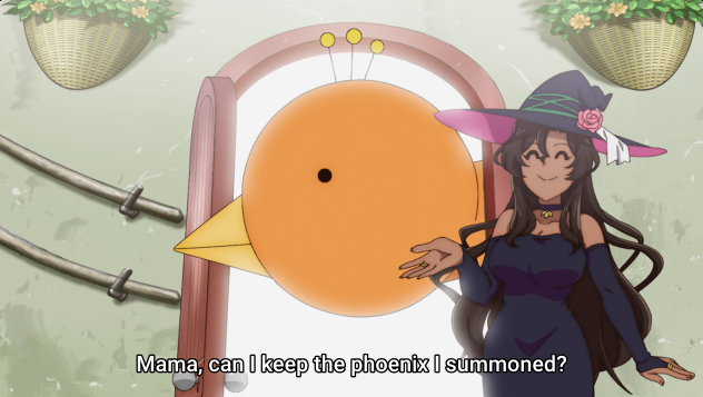 A voluptuous witch asking her mom if she can keep the phoenix she summoned