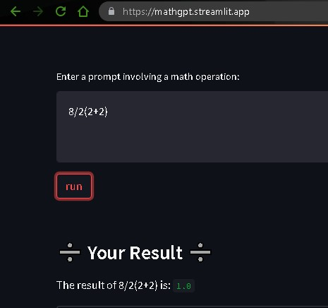 Screenshot of MathGPT giving correct answer to 8/2(2+2)