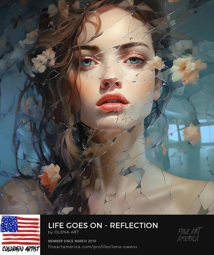 Life Goes On - Reflection of Resilience
This art image portrays a young girl with flowers in her hair, gazing into a broken mirror. The broken mirror subtly reflects the room behind her, adding depth to the composition. The girl's expression is contemplative, evoking a sense of introspection. The vibrant colors of the flowers contrast with the muted tones of the room, creating a visually striking image.

#art #image #younggirl #flowers #hair #brokenmirror #subtlereflection #room #contemplative #introspection #vibrantcolors #mutedtones #visuallystriking @fineartamerica  @shoppixels  @shoppixelsartists  @fineartamericaartists