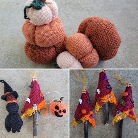 Photo is a truptych of handwoven items. 

Top is of 2 handmade stacks of punpkins in graduated colors, from peach to dark orange. 

Bottom left is of 3 halloween themed ornaments- a witch, a tree and a jackolantern. 

Bottom right is of halloween themed trees, in burgandy, orange and gold with halloween themed decorations. 

All are against a light grey background.
