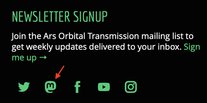 Ars Technica home page includes a link to their official Mastodon account