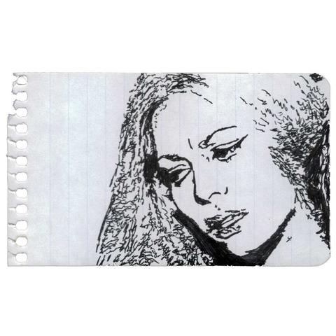 Pen drawing of a troubled blonde woman looking off to the side and down drawn on a torn-out spiral notebook page.
