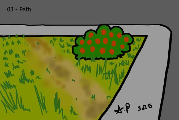 Digital painting of the word "path". A suburban street corner, where a rose(?) bush grows in a grassy corner lot. A diagonal "desire path" is worn through the grass, signifying many people have cut the corner there rather than use the intended paved sidewalk.