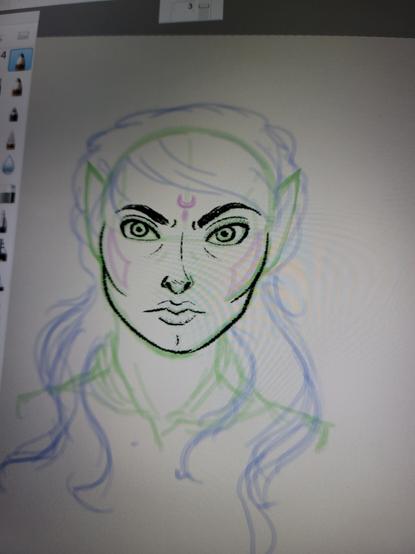 This image depicts a work in progress: a messy sketch beneath the beginnings of hard lines for the sketch. There is a clear use of layers here.