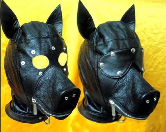 photo of a leather dog hood with locking options