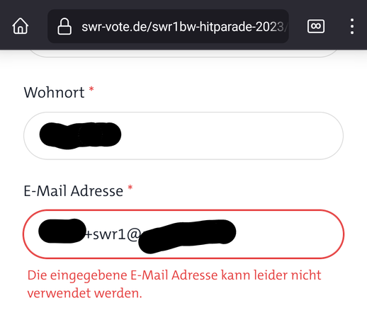 SWR1 BW Hitparade eMailformular mit Fehlermeldung, dass Adresse nicht verwendet werden kann, da ein "+"-Zeichen im Local-Part eingetragen wurde.
