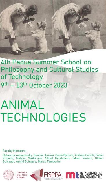 Poster of the 4th Summer School on Animal Technologies in Padua, Italy. 
It includes an image of a little girl petting a dog.