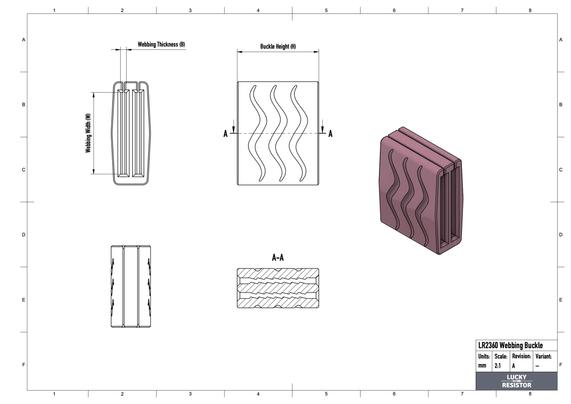 A technical drawing of a webbing buckle with all dimensions.