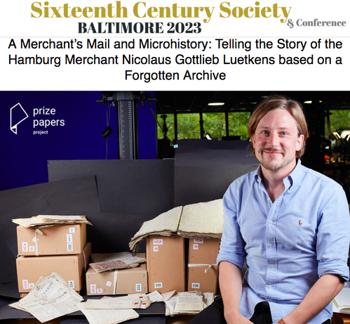 I'm sitting at the Prize Papers Project photo station at the National Archives, UK; letters, books, invoices, and newspapers from the Luetkens archive on the table. Image reproduced by permission of The National Archives, UK. Photo: Mustapha Ousellam.