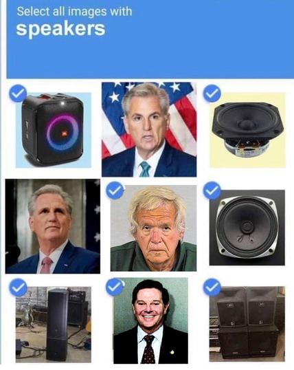 CAPTCHA images with speakers. Dennis Hastert, Tom Delay, and stereo speakers are selected. Kevin McCarthy is not selected.