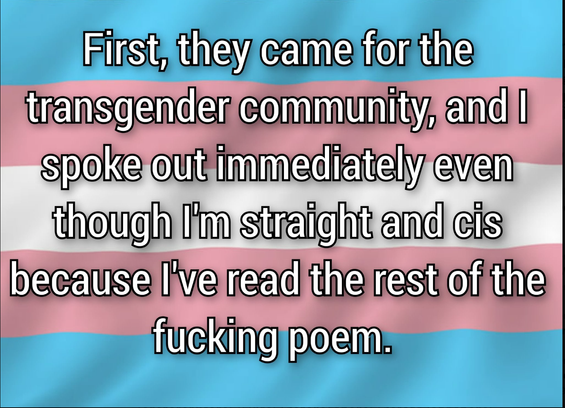 "First they came for the transgender community, and I spoke out immediately even though I'm straight and cis because I've read the rest of the fucking poem"