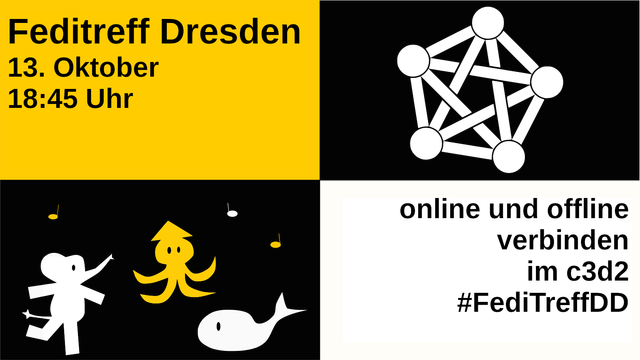 Sharepic mit den Informationen aus dem Text, dem fediverse-Logo und verschiedenen Fediverse-Maskottchen