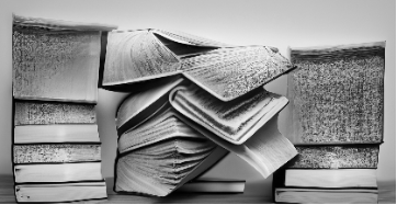 A black and white image of books folding into each other in a distorted, abstract and unusual way.