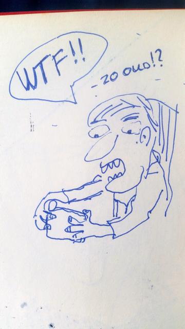 Pentekening van persoon die op smartfoon kijk en zegt: WTF!! 
-zo oud!?