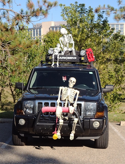 A picture of an SUV decorated for Halloween with skeletons.