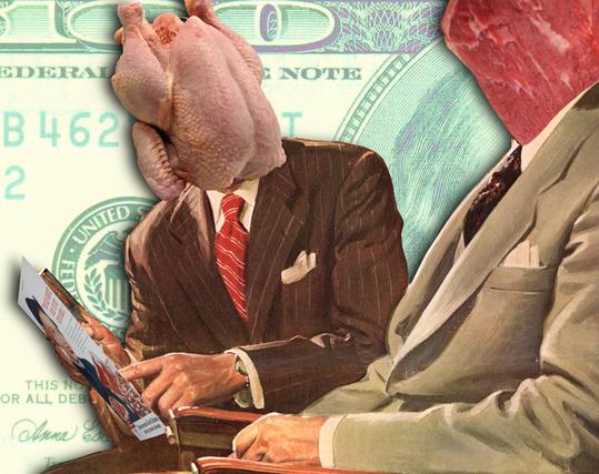Two men in suits seated next to each other. The younger man is pointing at a brochure. The younger man's head has been replaced with a whole roast chicken. The older man's head has been replaced with a large beef roast. The brochure has been replaced with vintage meat ads. The background is a cropped section of of a high-magnification scan of a US $100 bill, colors faded and shifted.