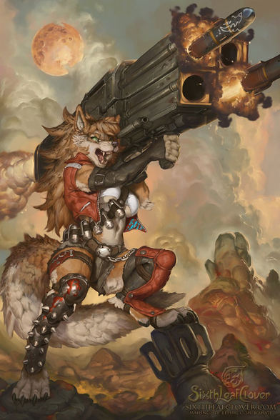 Female werewolf with heavy machinery.