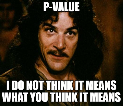 Inigo Montoya meme reading "p-value, I do not think it means what you think it means"
