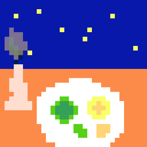A pixel art showing a table standing in the open space in the middle of the night with a candle lighting up the place. On the table there are some peas, green and yellow